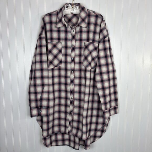 POL Tops - POL Womens Western Pink Plaid Button Down Tunic Size L Rodeo Festival Star Studs